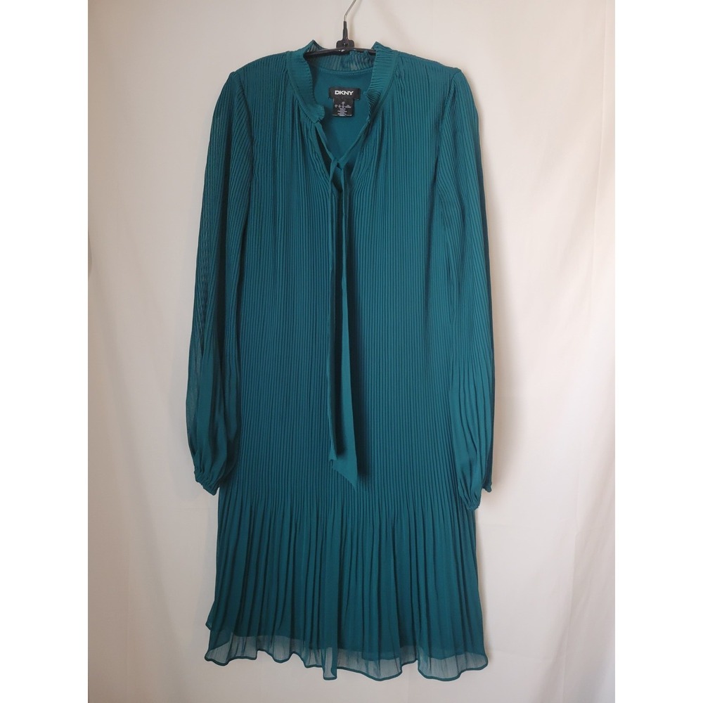 DKNY Women's Teal Pleated Long Sleeve Tie-Neck Mini Dress Size US 6